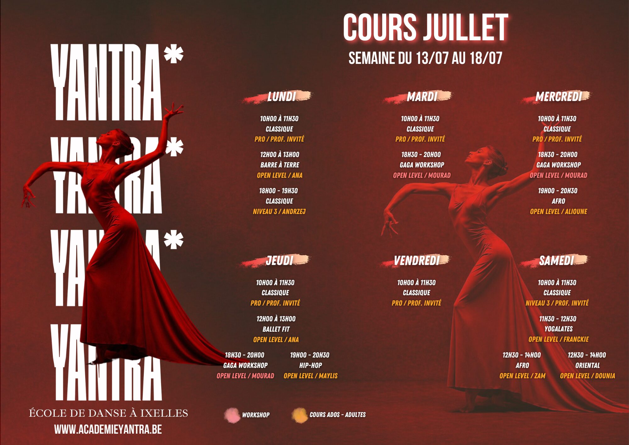 Horaire 2026-2027 cours de danse