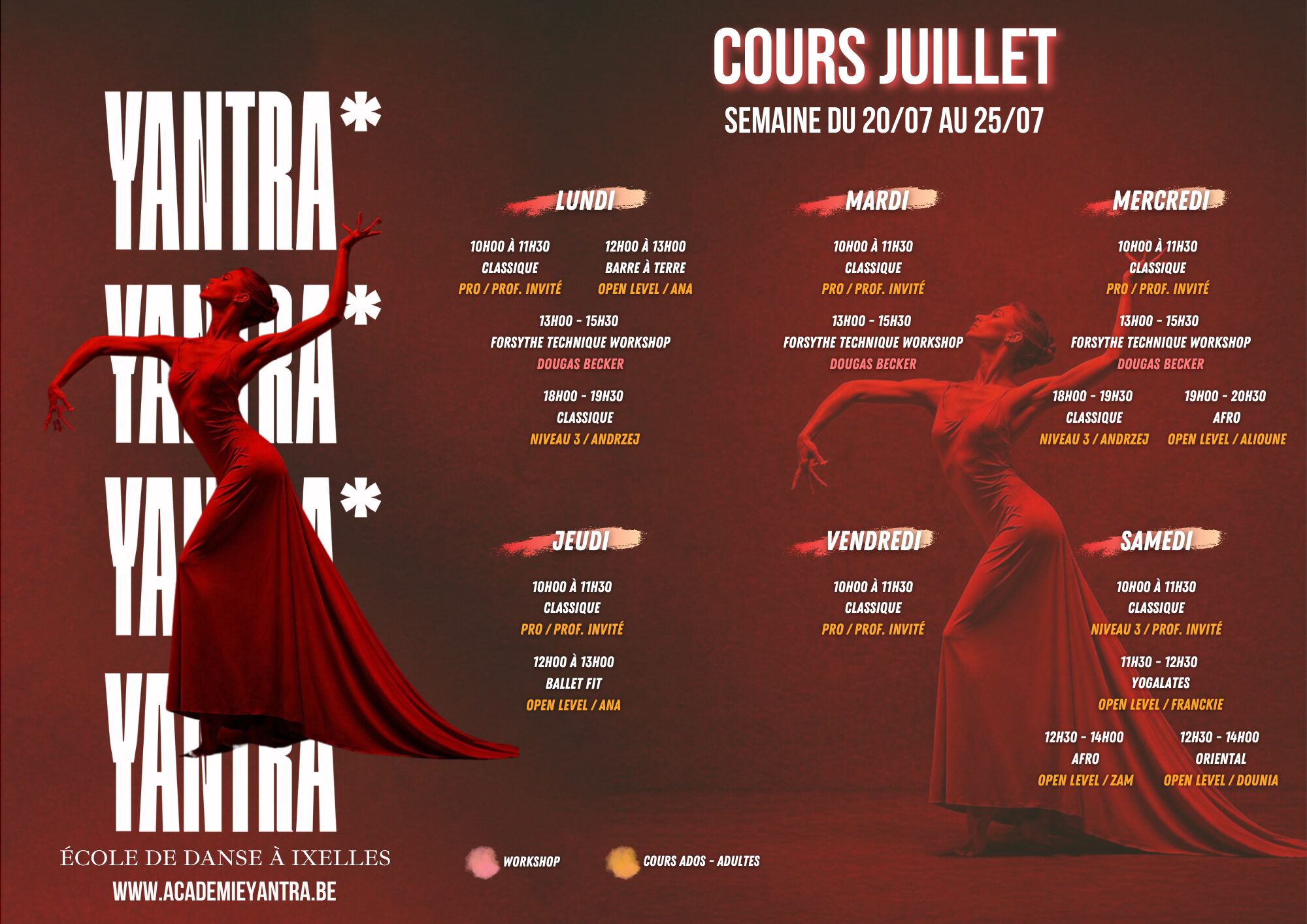 Horaire 2026-2027 cours de danse