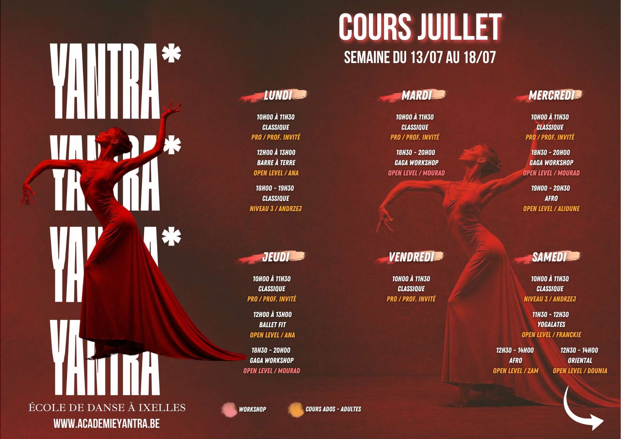 Horaire 2026-2027 cours de danse